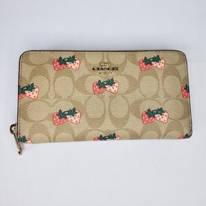 Coach Tan and Red Strawberry Print Wallet Full Zip